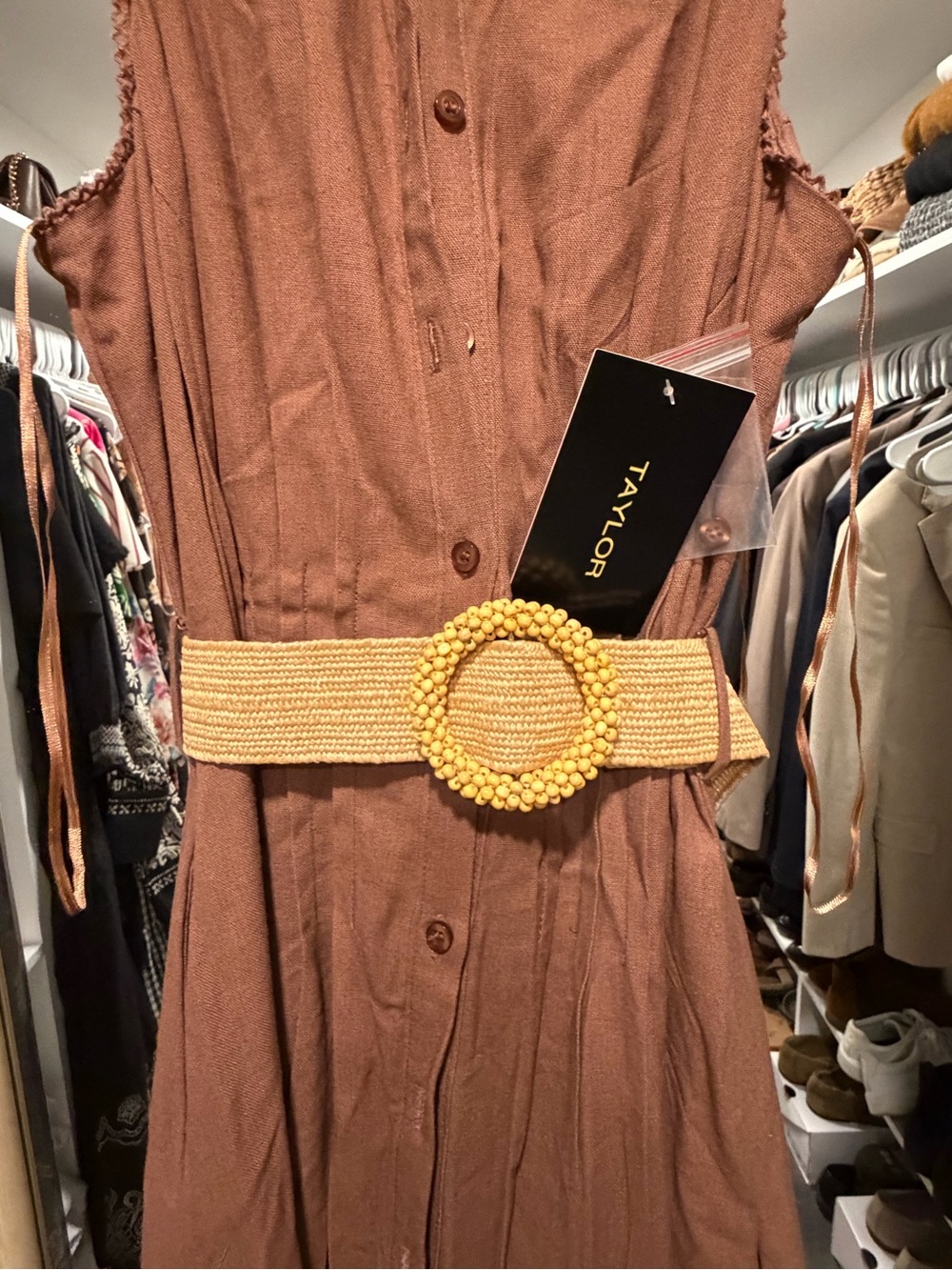 Taylor Tan Dress Belt with Yellow Beaded Round Buckle